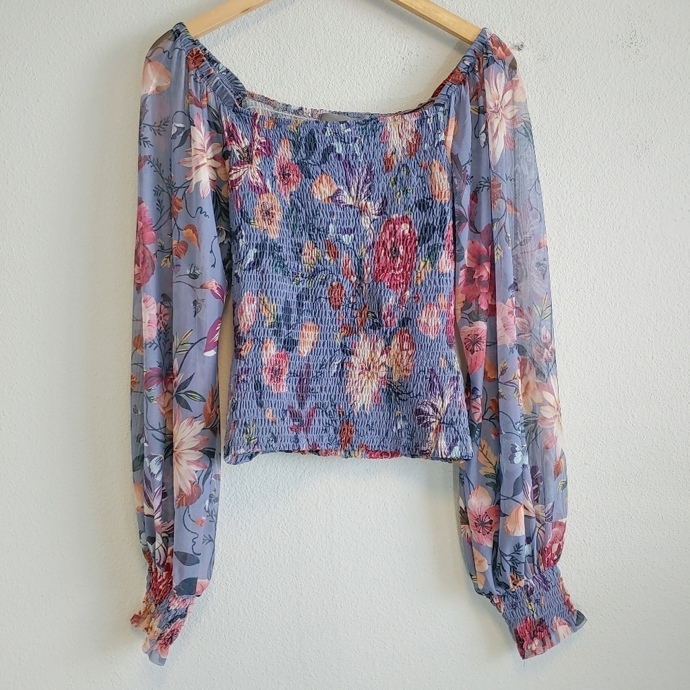 Anthropologie Rouen Purple Floral Smocked Sheer Blouse Sz XS Boho Peasant